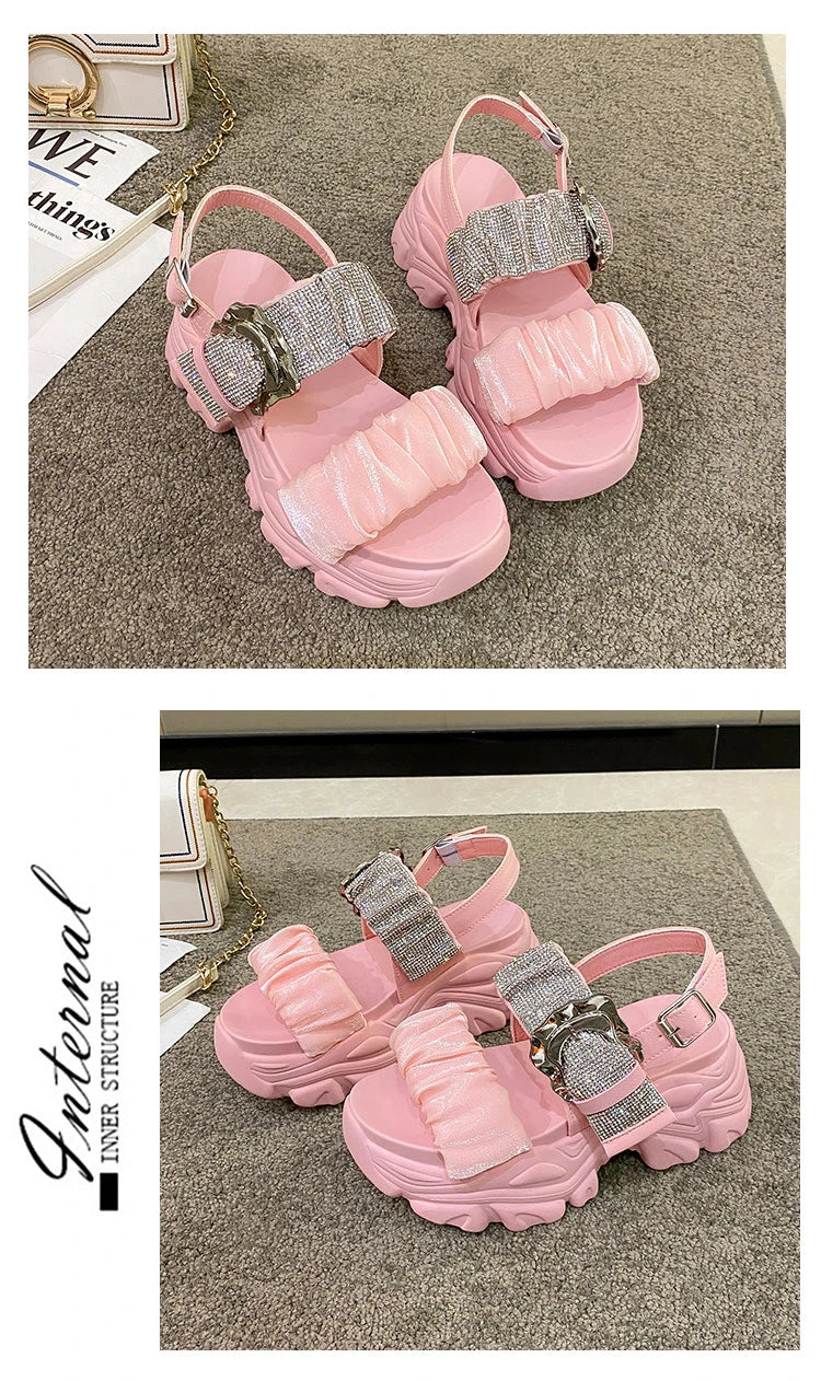 Chunky Crystal Wedge Sandals — 7.5cm Sparkly Platform Beach Shoes