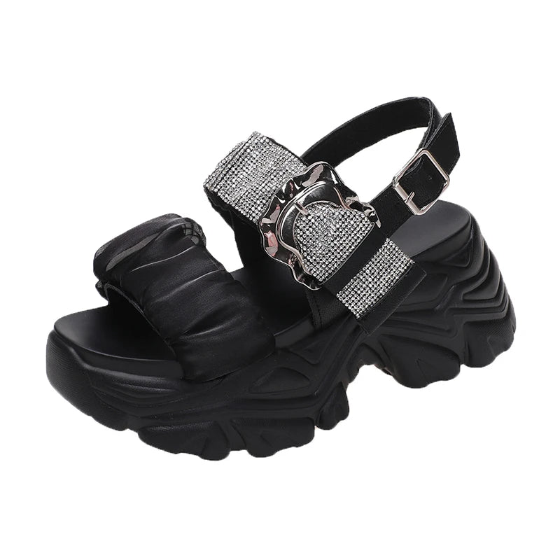 Chunky Crystal Wedge Sandals — 7.5cm Sparkly Platform Beach Shoes