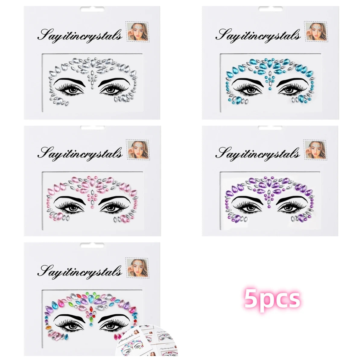 Mermaid Face Gems — 5 Pack Crystal Rhinestone Festival Sticker