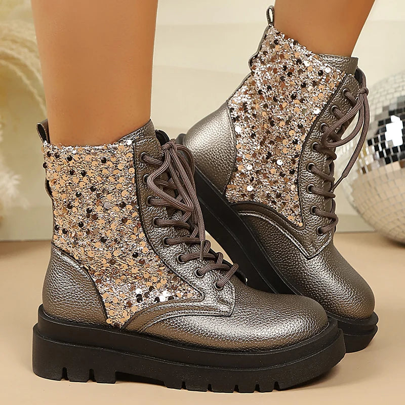Silver Sequin Ankle Boots — Metallic Lace-Up Platform Boots