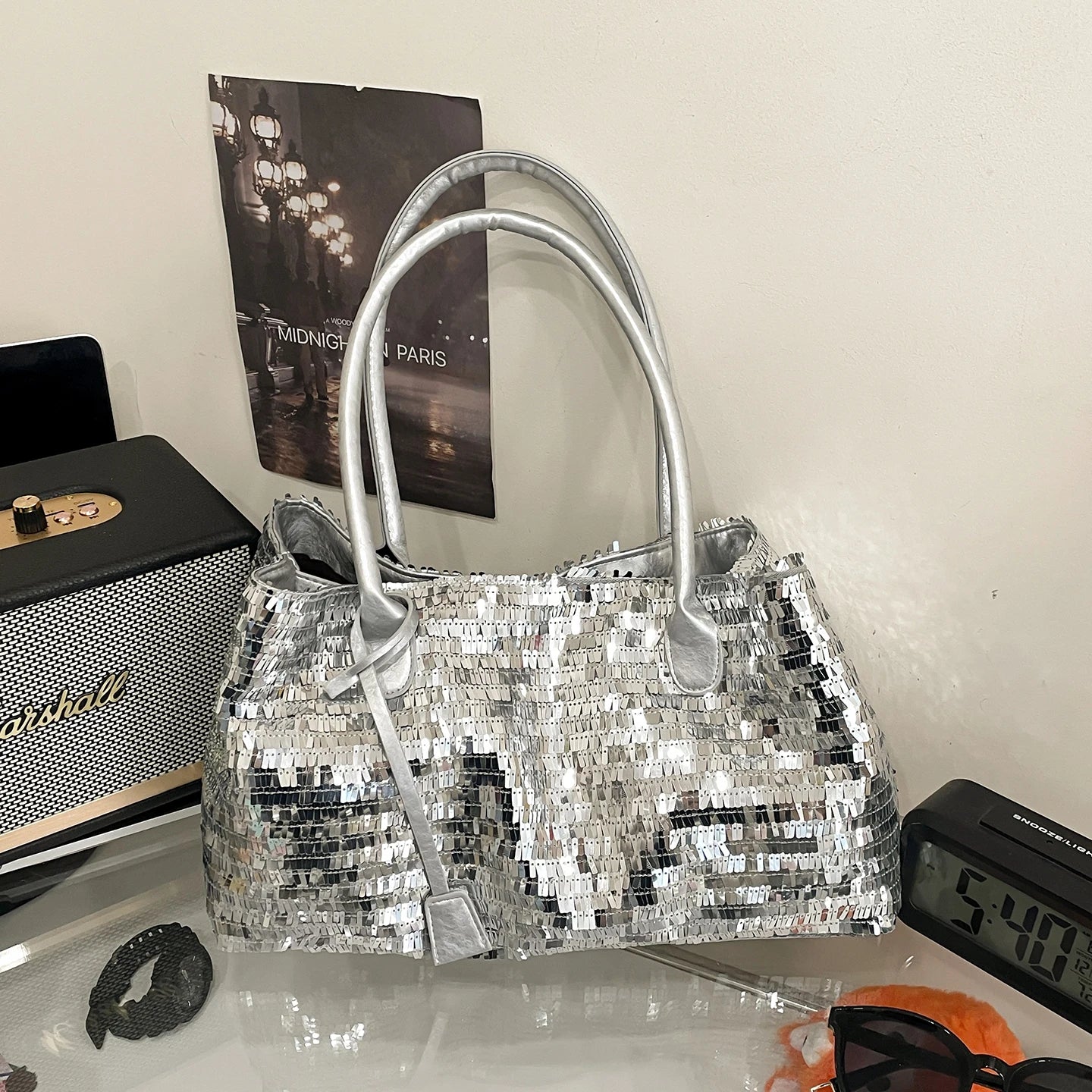 Silver Sequin Shoulder Bag — Sparkly Evening & Party Handbag