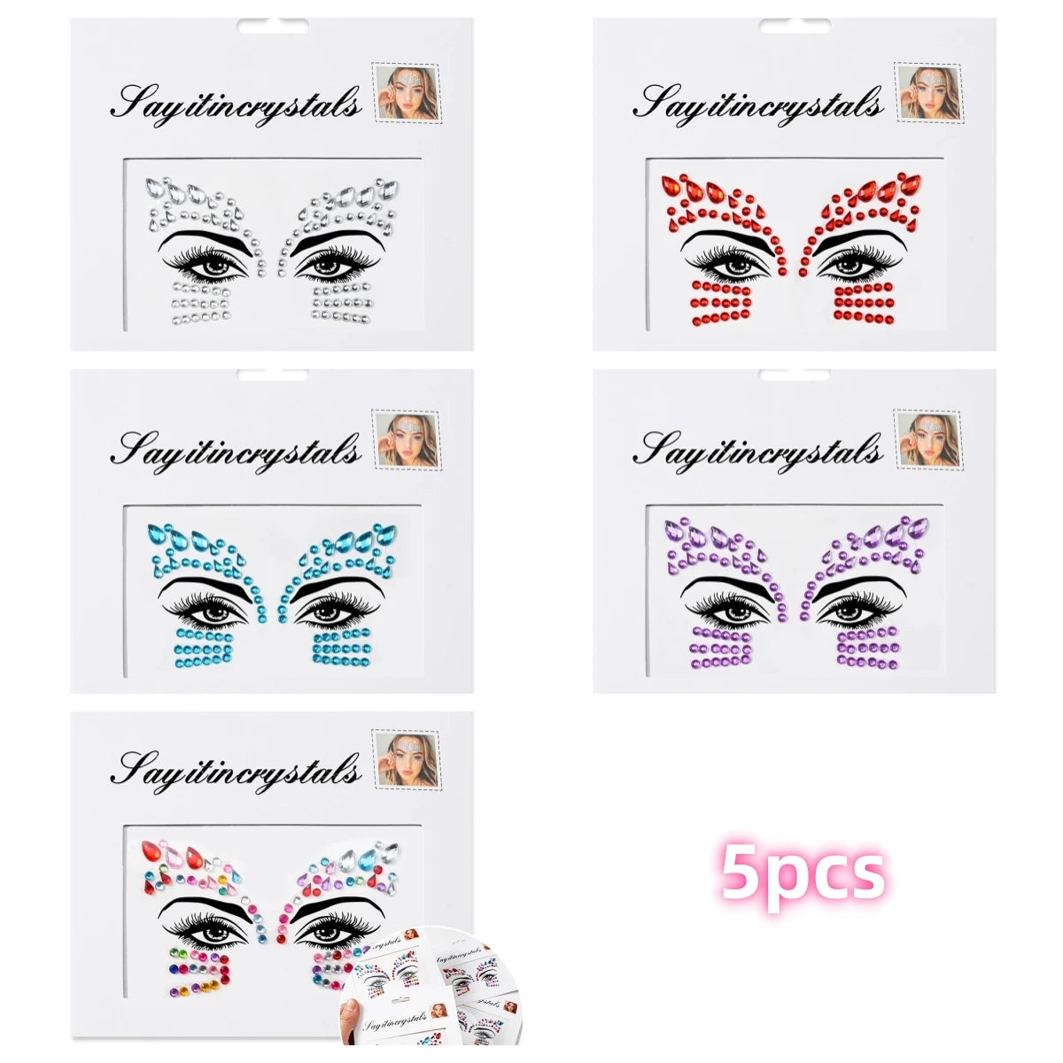 Mermaid Face Gems — 5 Pack Crystal Rhinestone Festival Sticker
