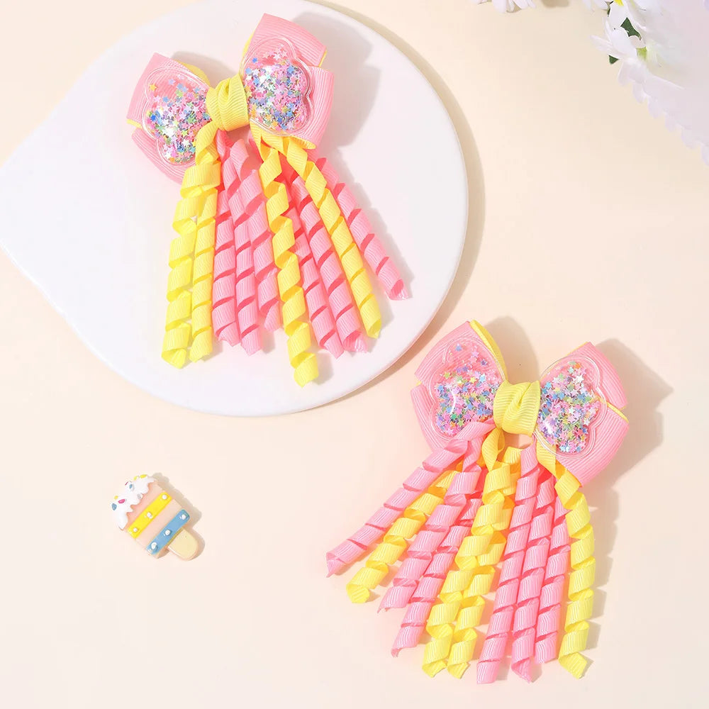 Unicorn Bow Hair Clips — Tassel Ribbon Barrettes for Girls