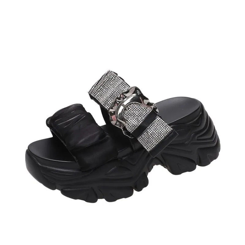Chunky Crystal Wedge Sandals — 7.5cm Sparkly Platform Beach Shoes