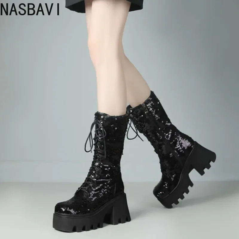 Green Sequin Mid-Calf Boots — Fish Scale Punk Platform Boots