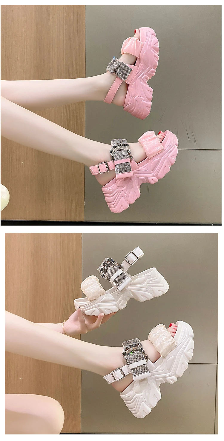 Chunky Crystal Wedge Sandals — 7.5cm Sparkly Platform Beach Shoes