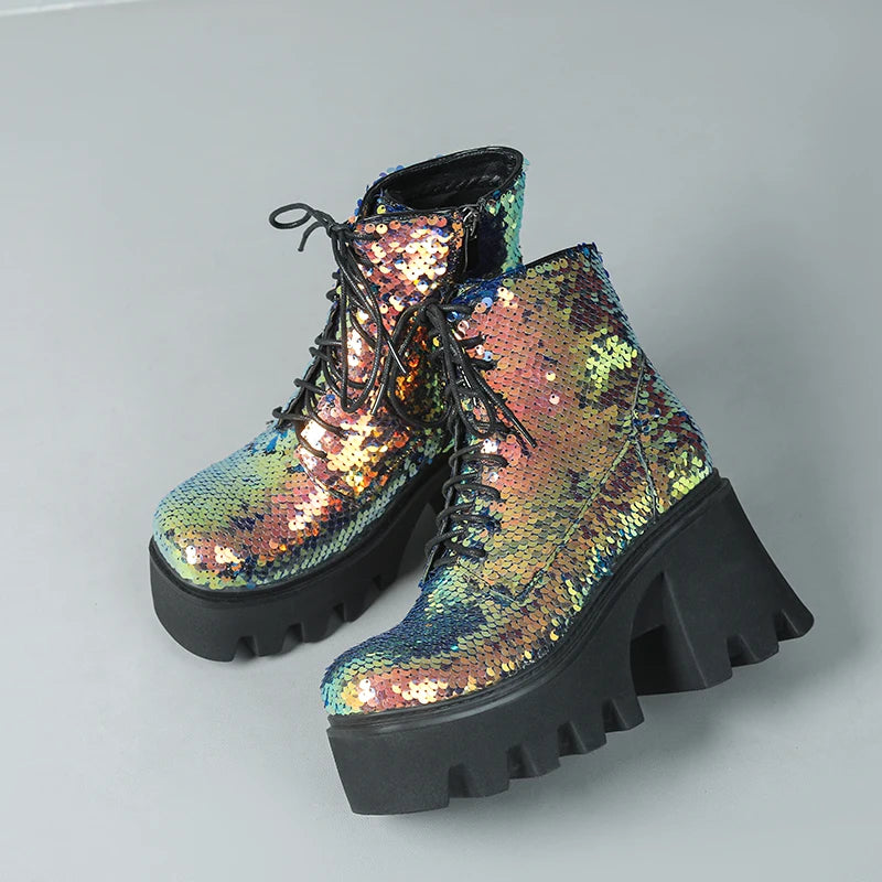 Punk Sequin Ankle Boots — Platform Moto Boots UK 1-9