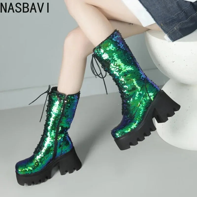 Green Sequin Mid-Calf Boots — Fish Scale Punk Platform Boots