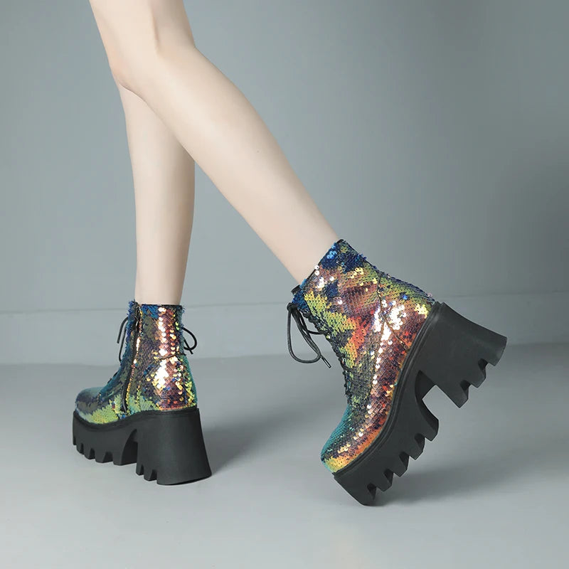Punk Sequin Ankle Boots — Platform Moto Boots UK 1-9