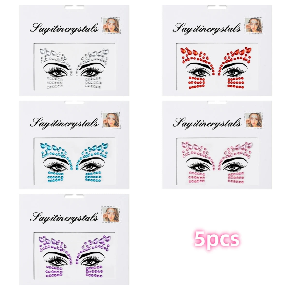 Mermaid Face Gems — 5 Pack Crystal Rhinestone Festival Sticker