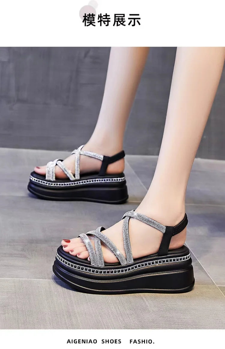 Crystal Platform Wedge Sandals — 7cm Sparkly Festival & Beach Shoes