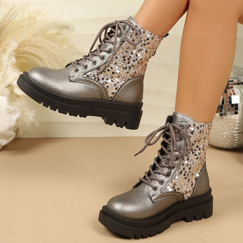 Silver Sequin Ankle Boots — Metallic Lace-Up Platform Boots