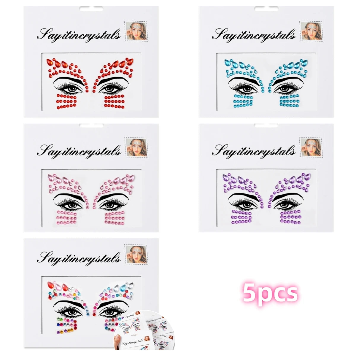 Mermaid Face Gems — 5 Pack Crystal Rhinestone Festival Sticker