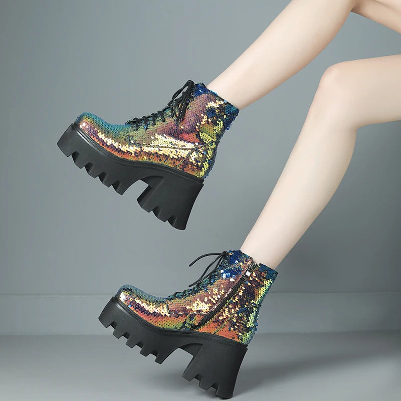 Punk Sequin Ankle Boots — Platform Moto Boots UK 1-9