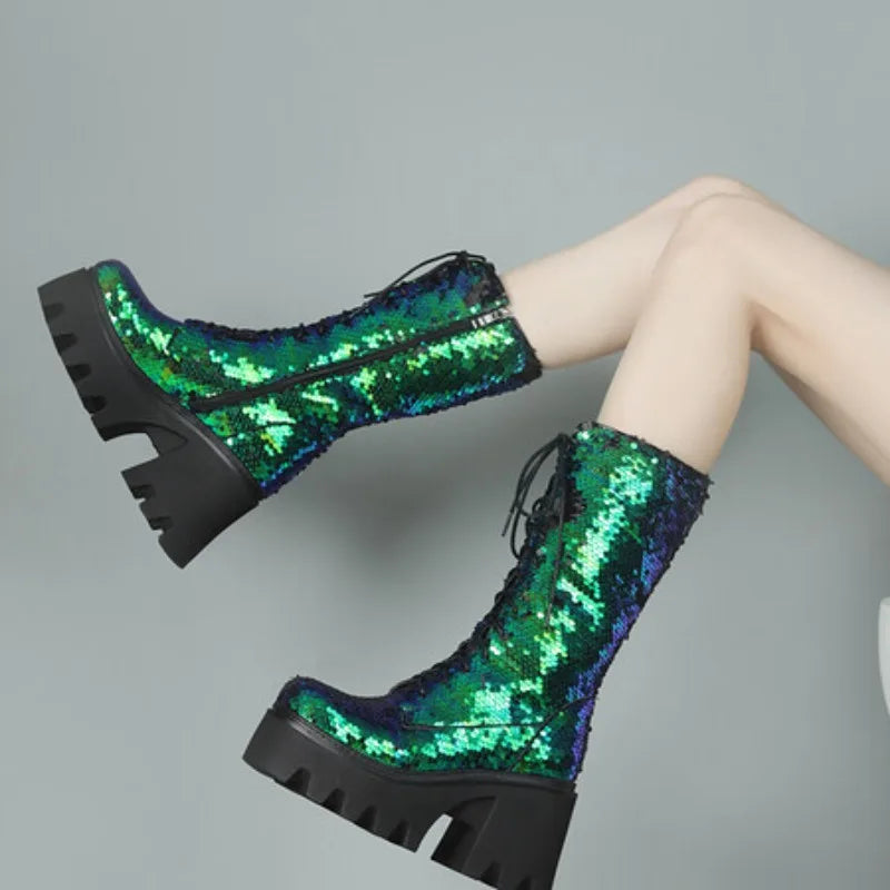Green Sequin Mid-Calf Boots — Fish Scale Punk Platform Boots