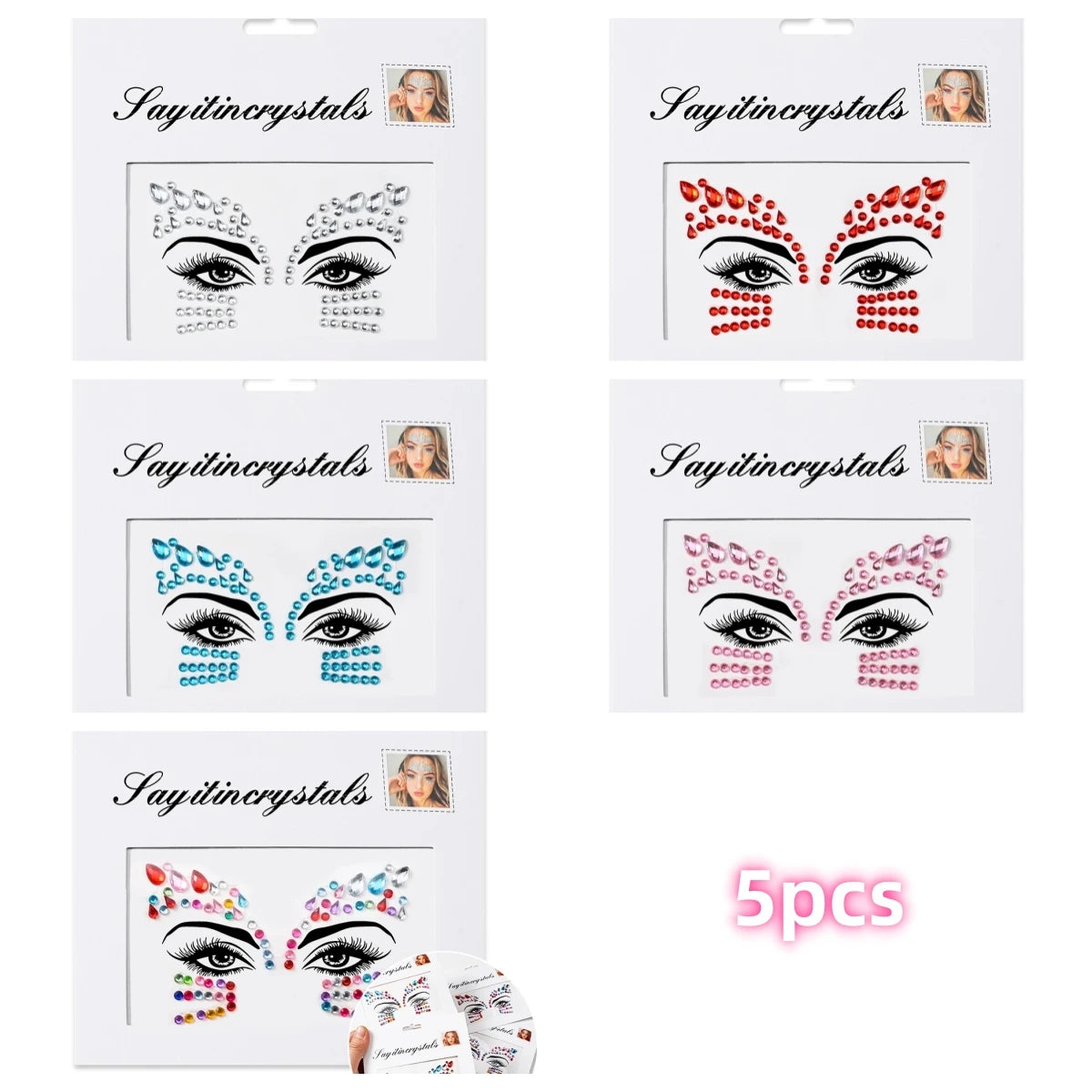 Mermaid Face Gems — 5 Pack Crystal Rhinestone Festival Sticker
