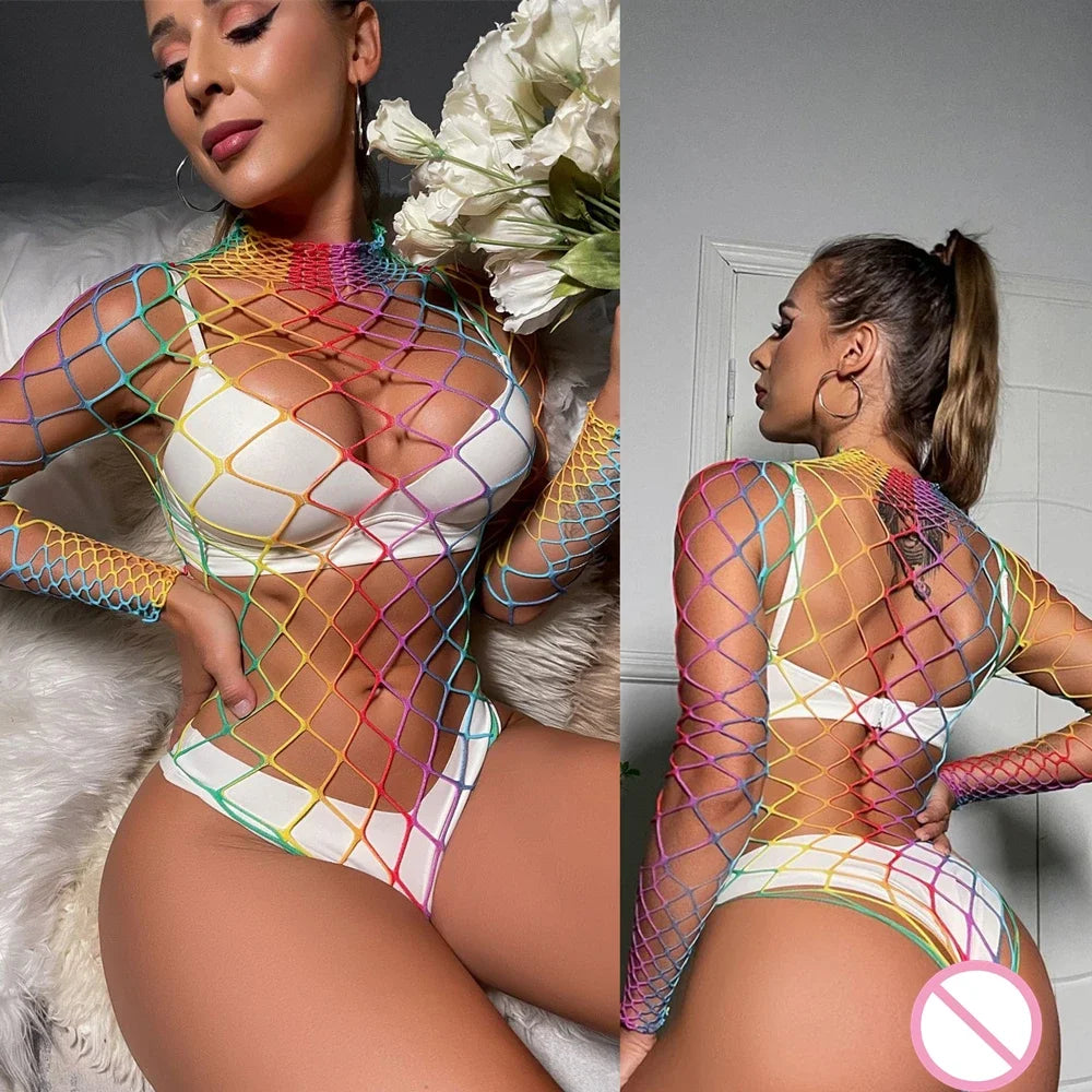 Rainbow Fishnet Bodysuit — Festival, Rave & Stage Outfit