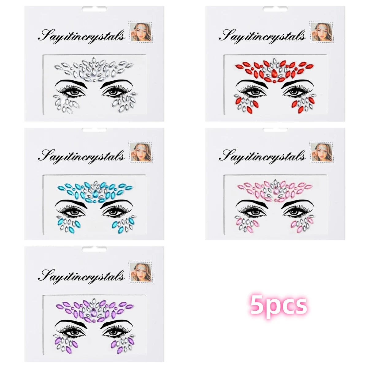 Mermaid Face Gems — 5 Pack Crystal Rhinestone Festival Sticker