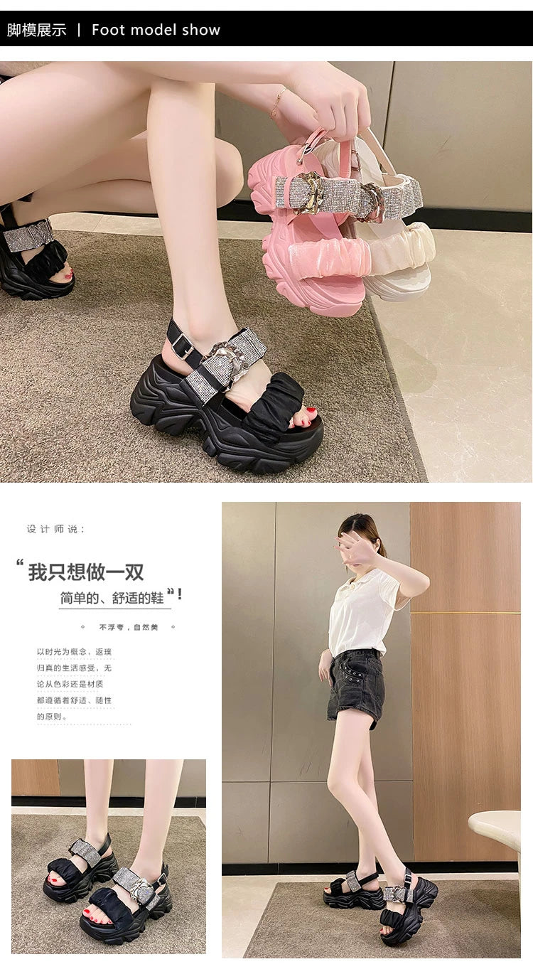 Chunky Crystal Wedge Sandals — 7.5cm Sparkly Platform Beach Shoes