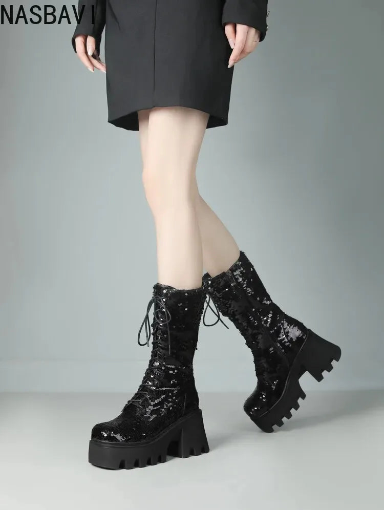 Green Sequin Mid-Calf Boots — Fish Scale Punk Platform Boots