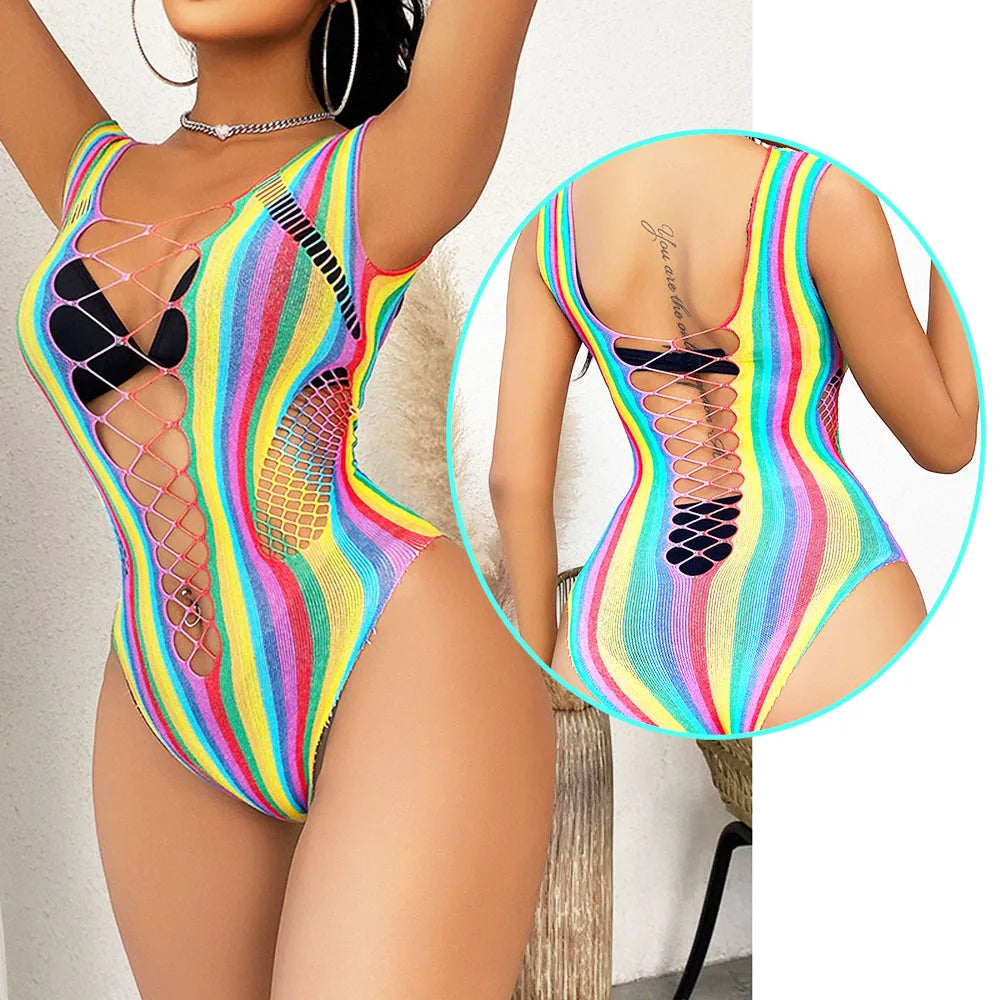 Rainbow Stripe Fishnet Bodysuit — Festival Rave & Stage Outfit