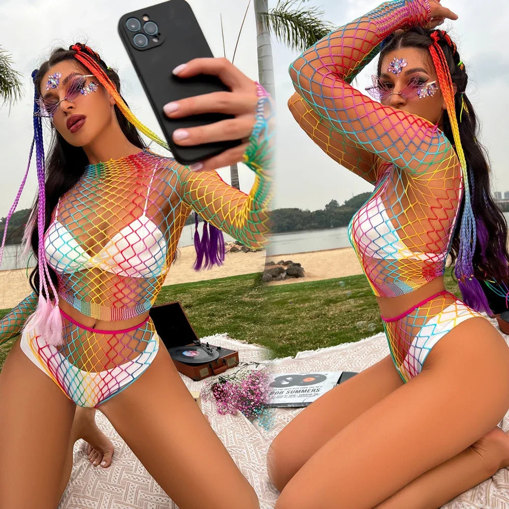 Rainbow Fishnet Bodysuit — Festival, Rave & Stage Outfit