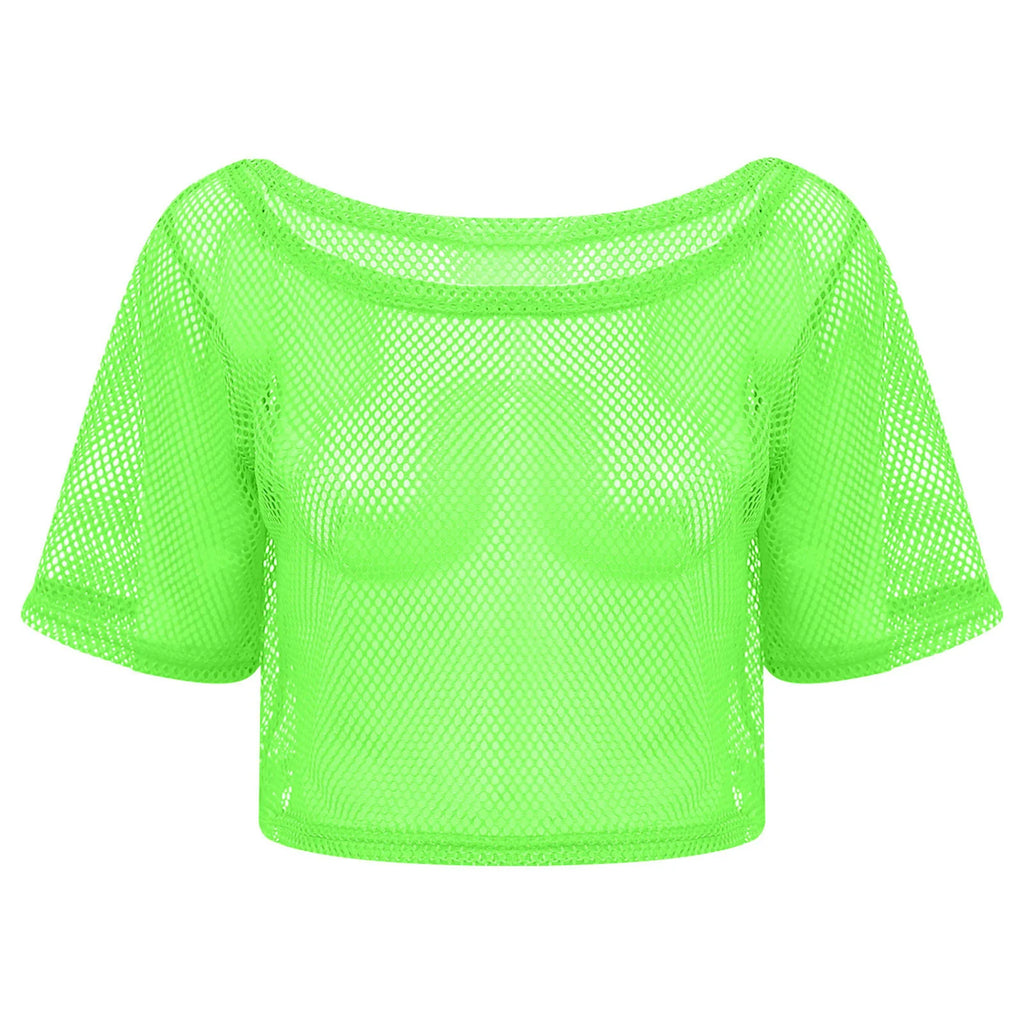 Neon Fishnet Crop Top — 80s Disco Rave & Festival