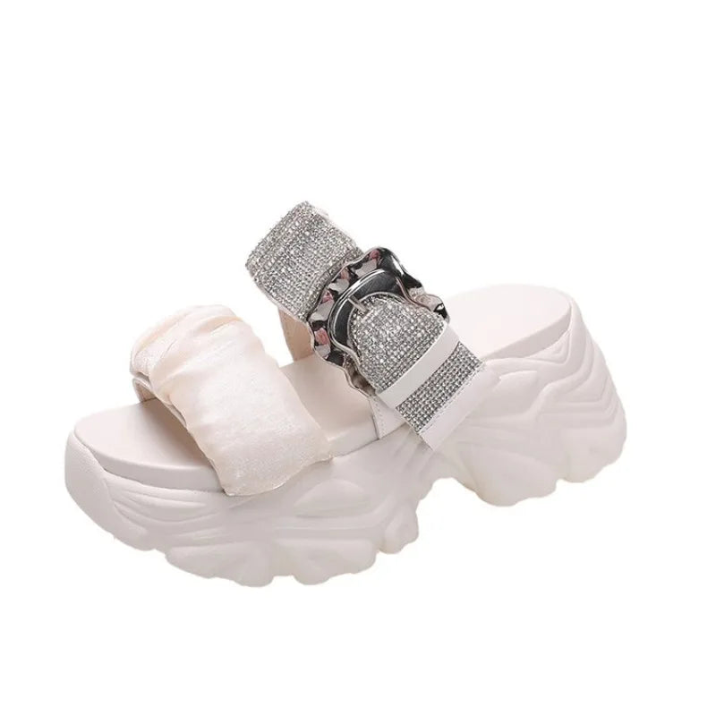 Chunky Crystal Wedge Sandals — 7.5cm Sparkly Platform Beach Shoes