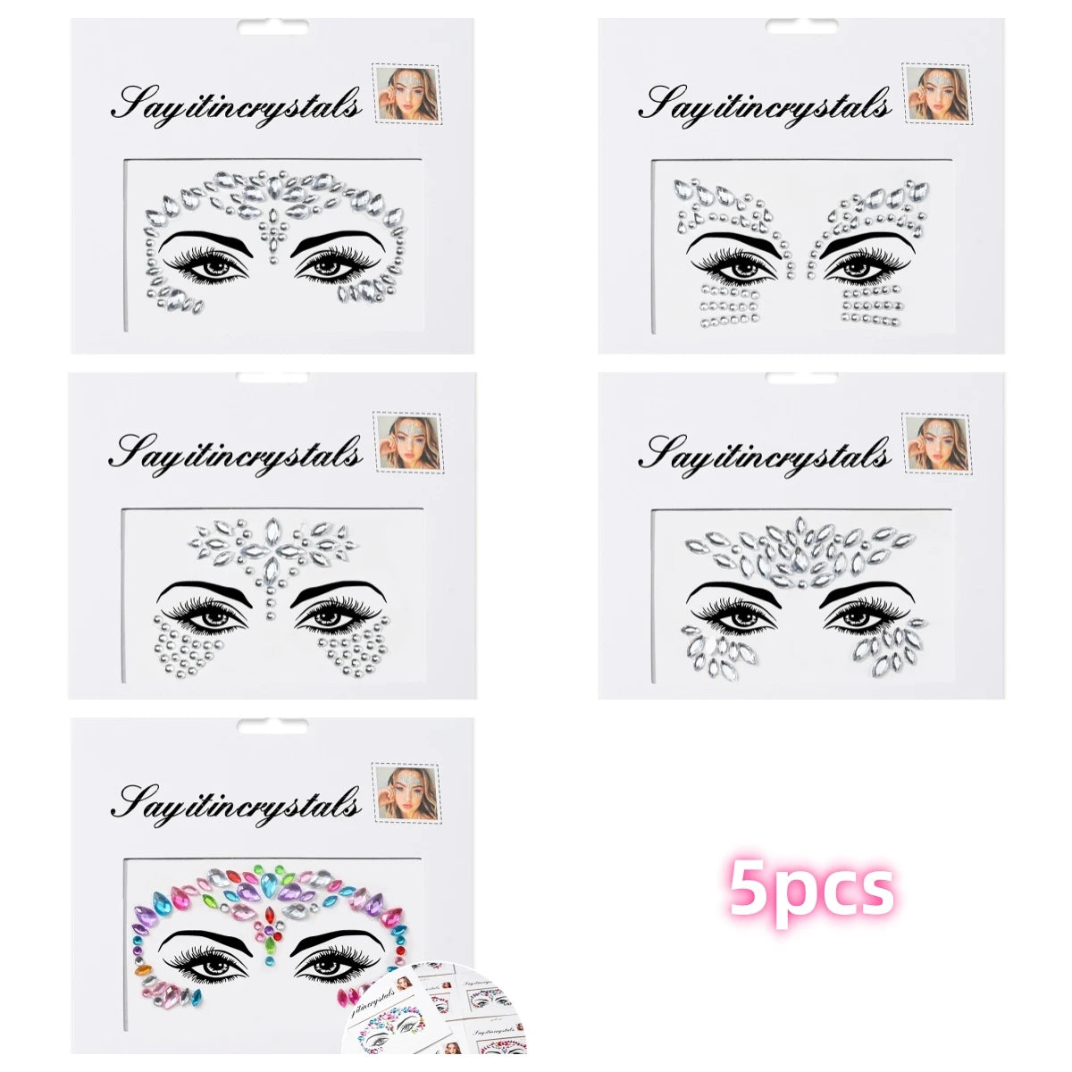 Mermaid Face Gems — 5 Pack Crystal Rhinestone Festival Sticker