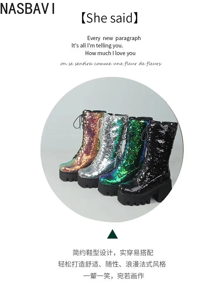 Green Sequin Mid-Calf Boots — Fish Scale Punk Platform Boots