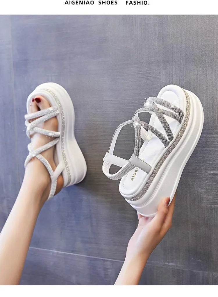 Crystal Platform Wedge Sandals — 7cm Sparkly Festival & Beach Shoes
