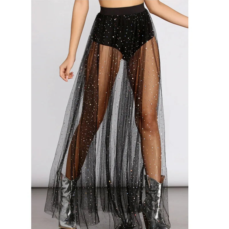 Glitter Tulle Maxi Skirt — High Split Beach & Festival Skirt