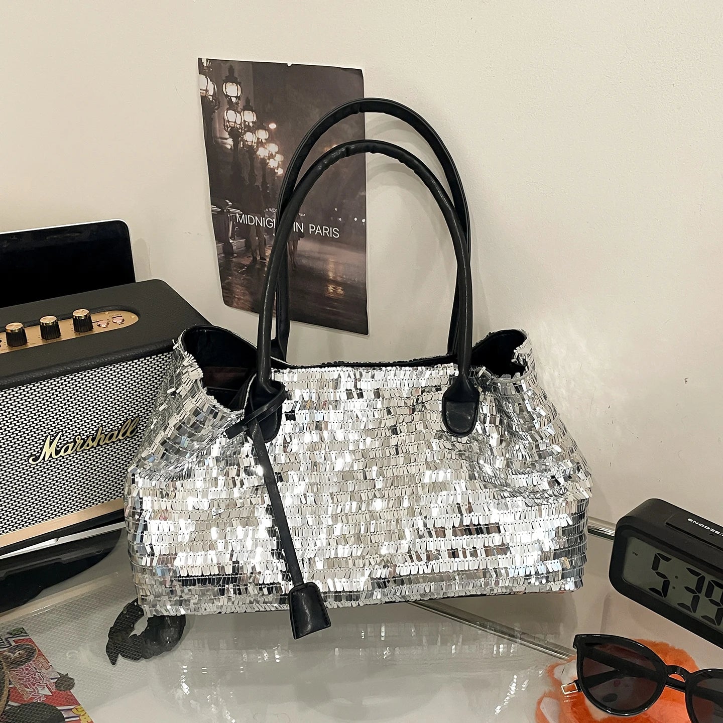 Silver Sequin Shoulder Bag — Sparkly Evening & Party Handbag