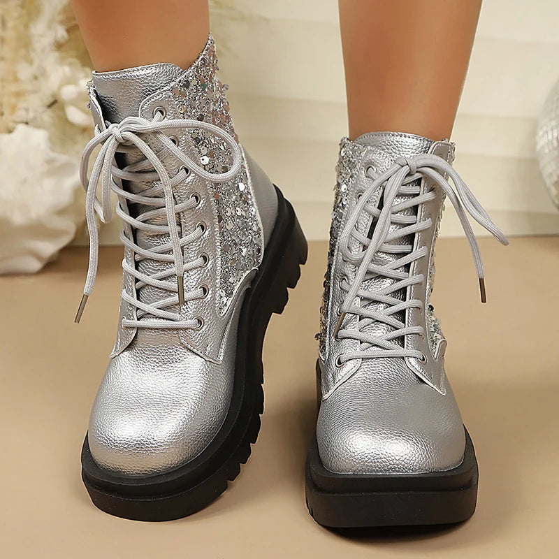 Silver Sequin Ankle Boots — Metallic Lace-Up Platform Boots