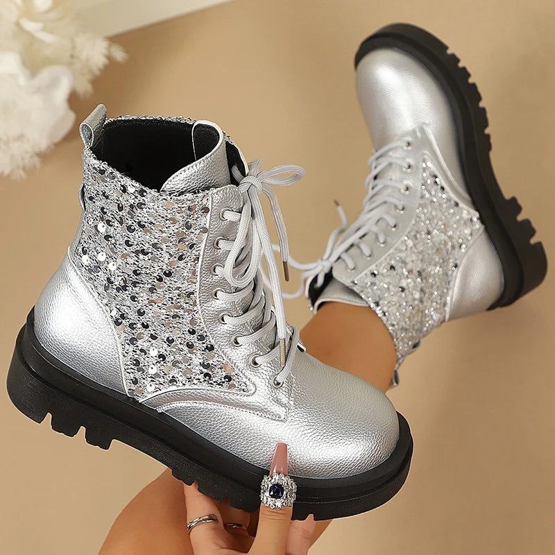 Silver Sequin Ankle Boots — Metallic Lace-Up Platform Boots