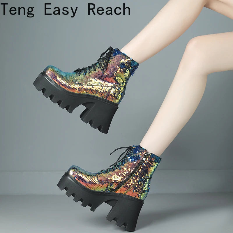 Punk Sequin Ankle Boots — Platform Moto Boots UK 1-9