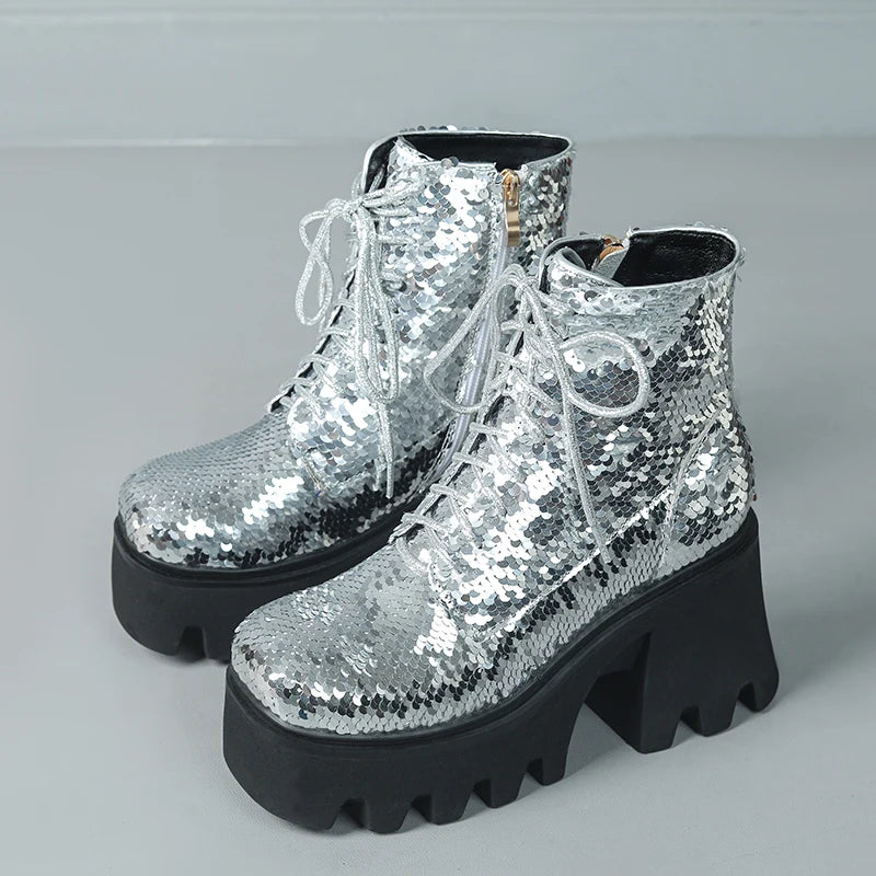 Punk Sequin Ankle Boots — Platform Moto Boots UK 1-9