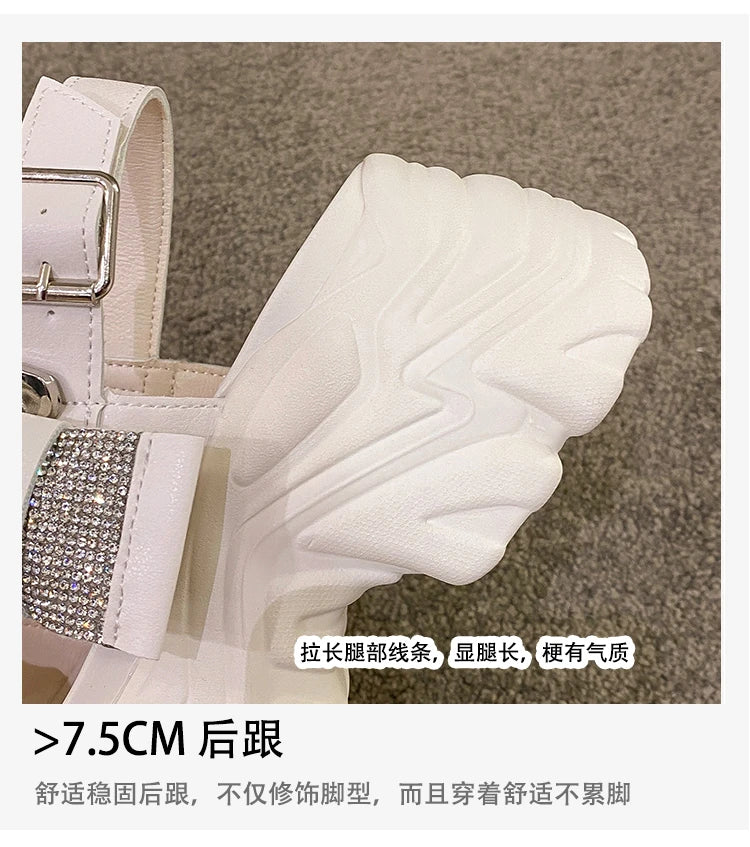 Chunky Crystal Wedge Sandals — 7.5cm Sparkly Platform Beach Shoes