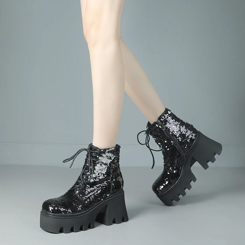 Punk Sequin Ankle Boots — Platform Moto Boots UK 1-9