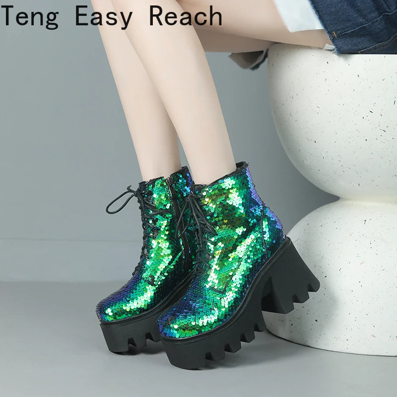 Punk Sequin Ankle Boots — Platform Moto Boots UK 1-9