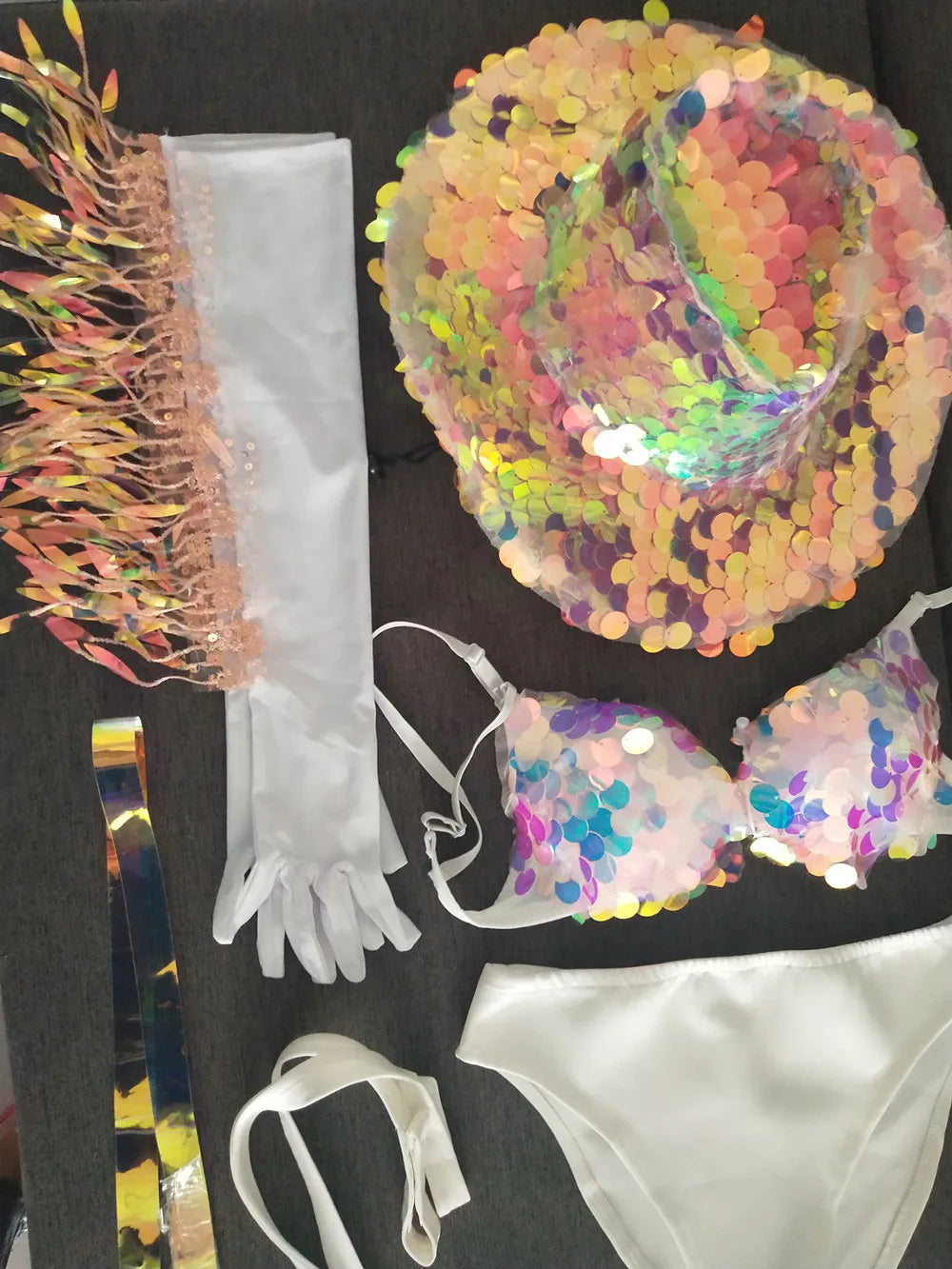 Glitter Sequin Bikini & Tassel Gloves Set — Stage Performer & Festival Outfit