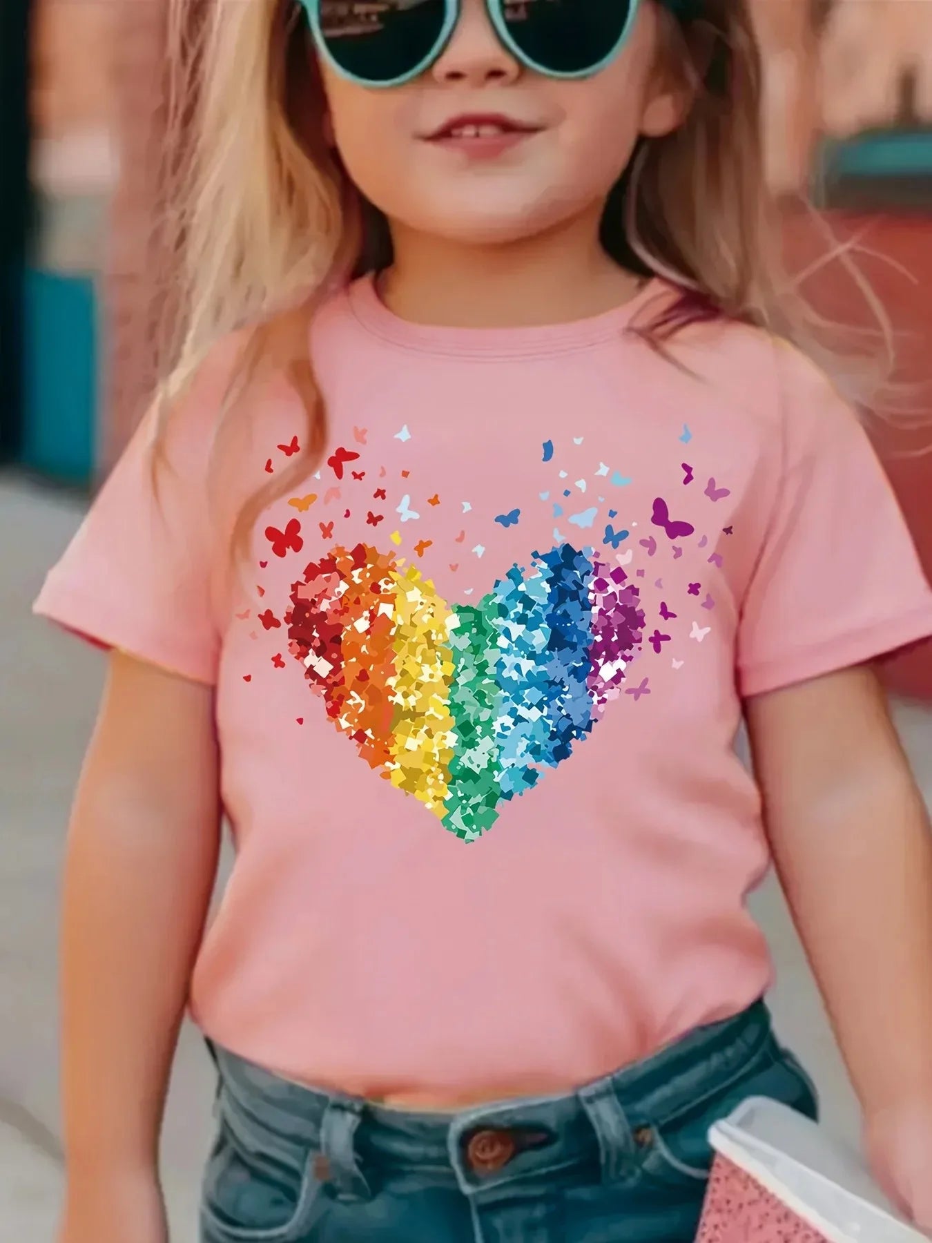 Rainbow Sequin Heart Kids T-Shirt — Girls Party & Festival Top