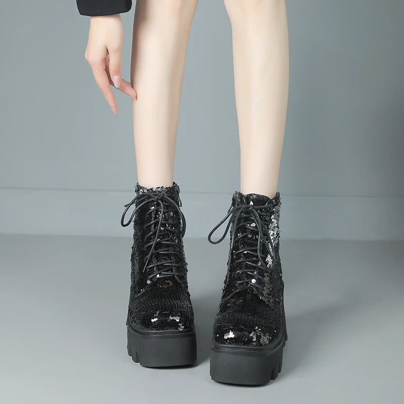 Punk Sequin Ankle Boots — Platform Moto Boots UK 1-9