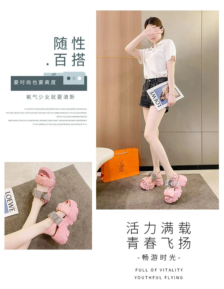 Chunky Crystal Wedge Sandals — 7.5cm Sparkly Platform Beach Shoes