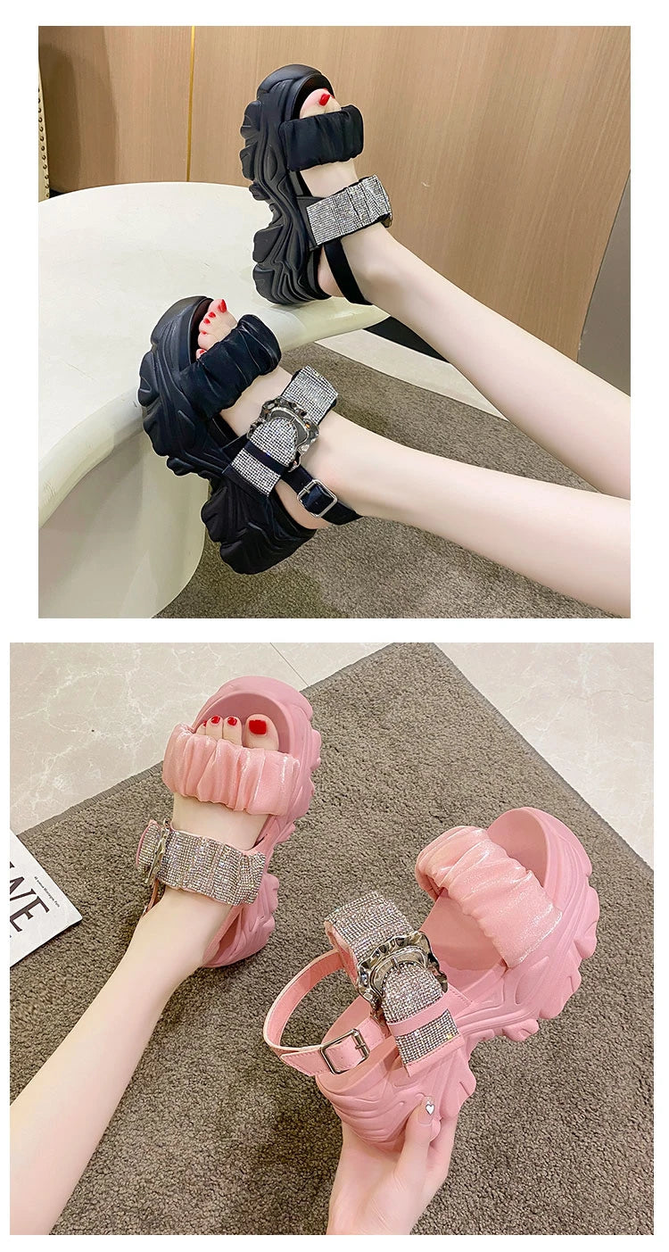 Chunky Crystal Wedge Sandals — 7.5cm Sparkly Platform Beach Shoes