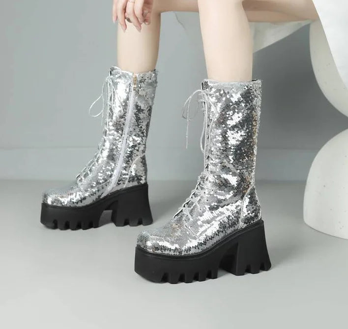 Green Sequin Mid-Calf Boots — Fish Scale Punk Platform Boots