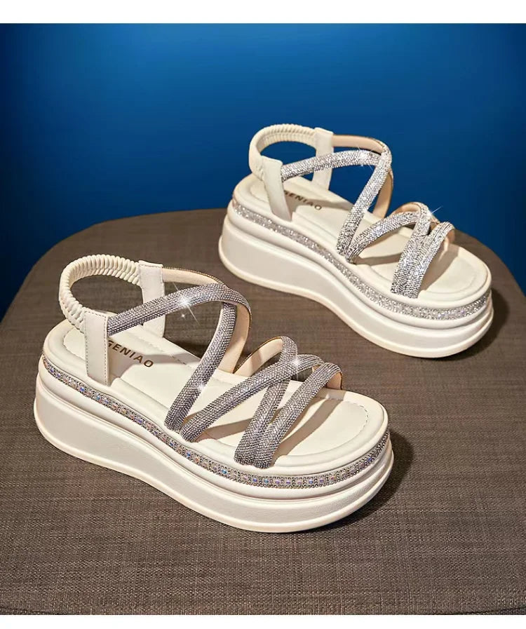 Crystal Platform Wedge Sandals — 7cm Sparkly Festival & Beach Shoes