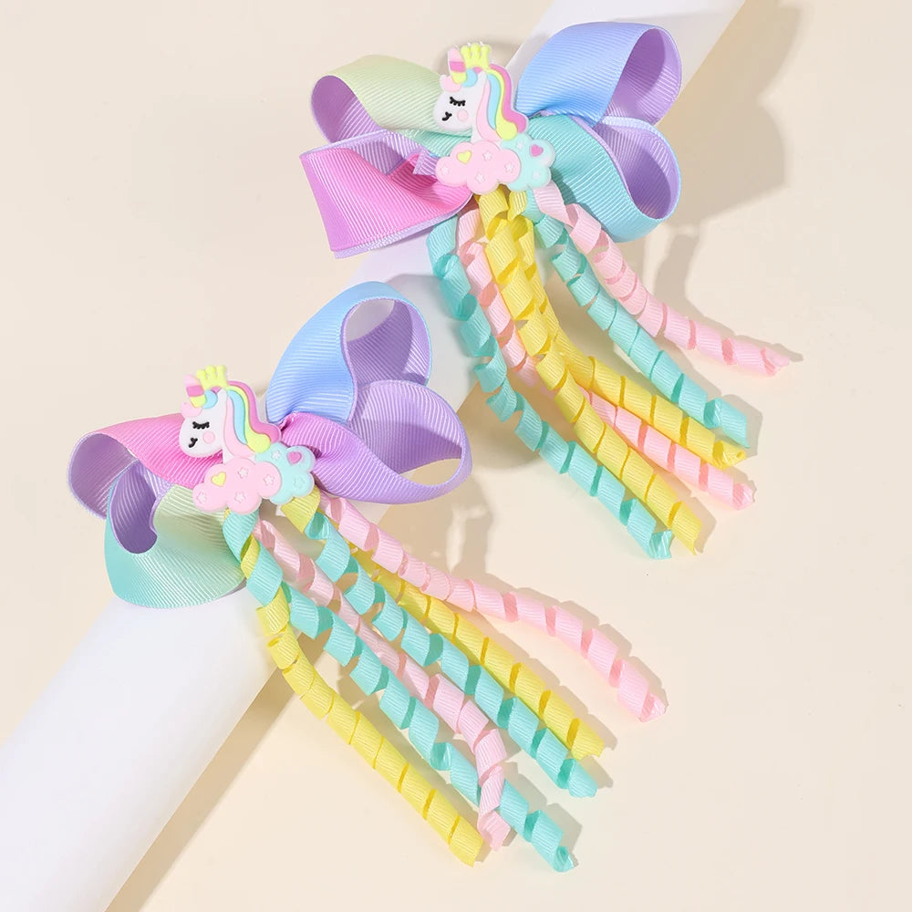 Unicorn Bow Hair Clips — Tassel Ribbon Barrettes for Girls
