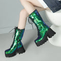 Green Sequin Mid-Calf Boots — Fish Scale Punk Platform Boots
