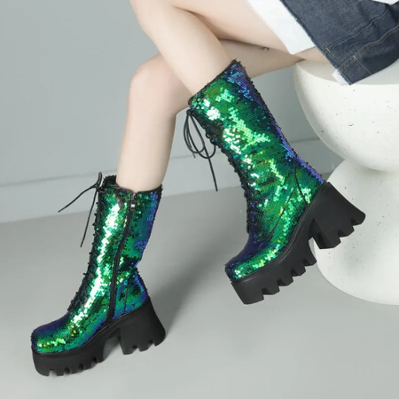 Green Sequin Mid-Calf Boots — Fish Scale Punk Platform Boots